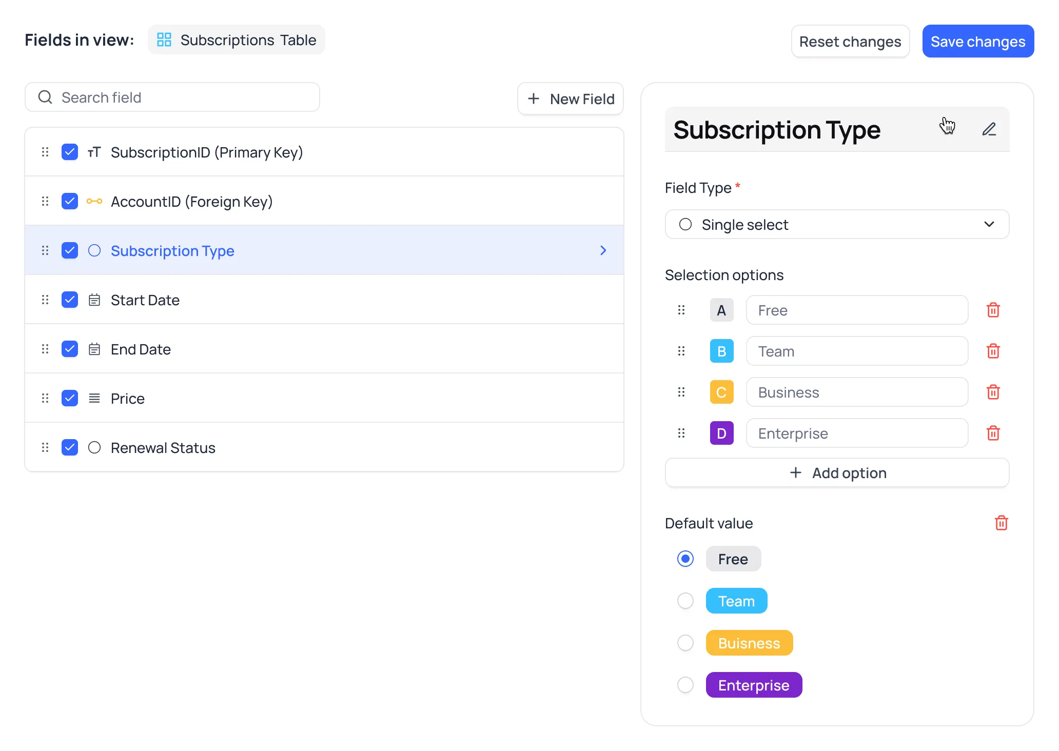 Fields Manager for Table Subscriptions